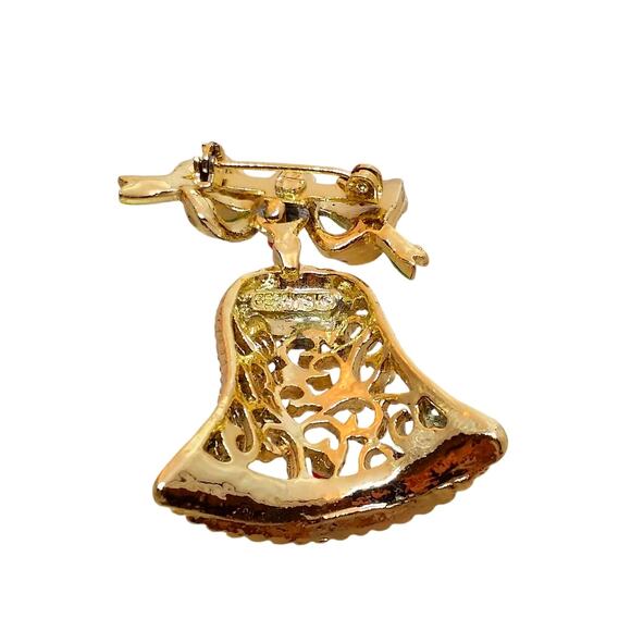 Gerry's Christmas Bell Brooch Gold Red Green Enamel Holiday Pin Vintage 1970s - Picture 6 of 6